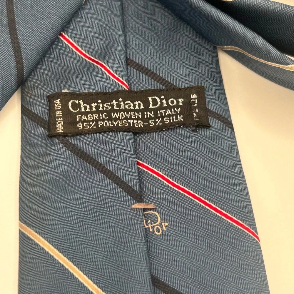 Christian Dior Blue Striped Silk Blend Mens Vintage Made in USA Italian Fabric